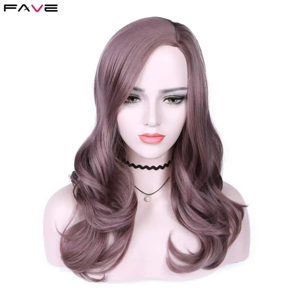 

FAVE 18" Long Wavy Mixed Grey Purple Womens Wigs with Bangs Side Part Heat Resistant Synthetic Wigs for Women African American