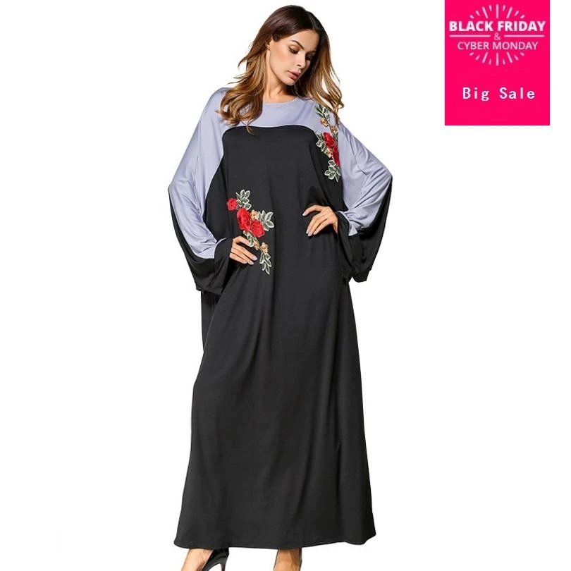 Plus size Muslim Adult embroidery flower Robe Musulmane Dubai bat