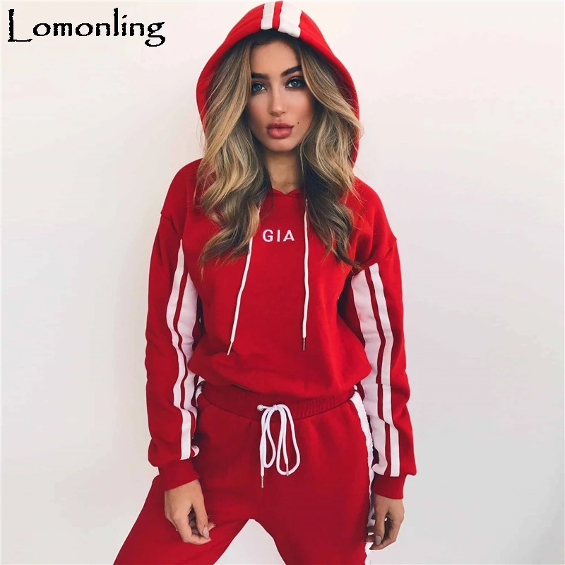 Lomonling модные Комплект из 2 предметов Для женщин красный белый толстовка и брюки