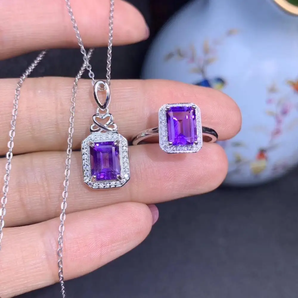 

purple Amethyst gemstone ring and necklace for women Jewelry Real 925 Silver Good Gift