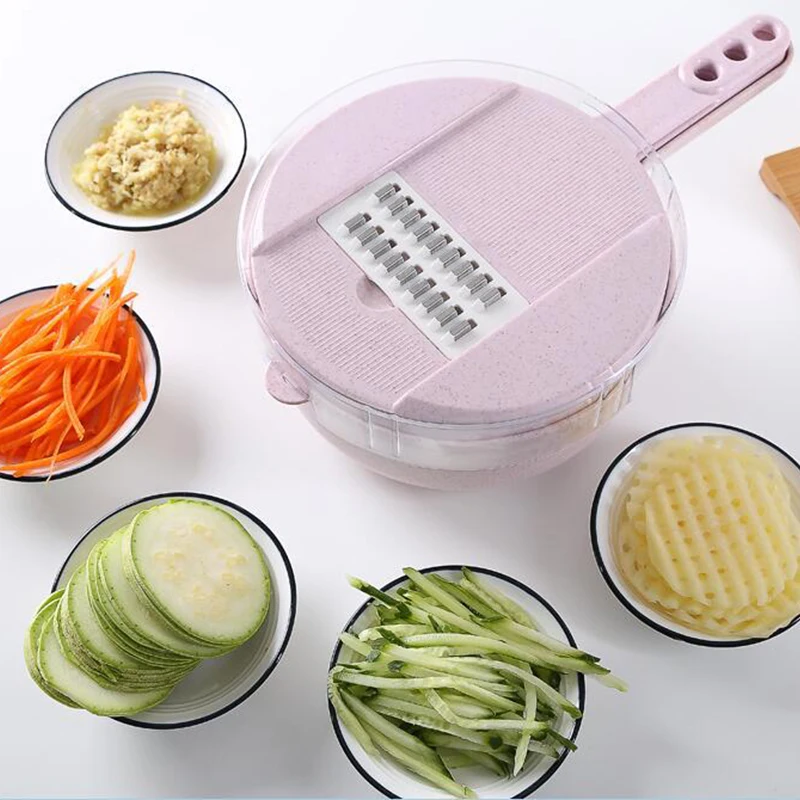 Vegetable Easy Food Chopper Carrot Potato Grater Manual Onion Cutter Easy Food Chopper Slicers Kitchen Gadget 9 IN 1 - Color: pink