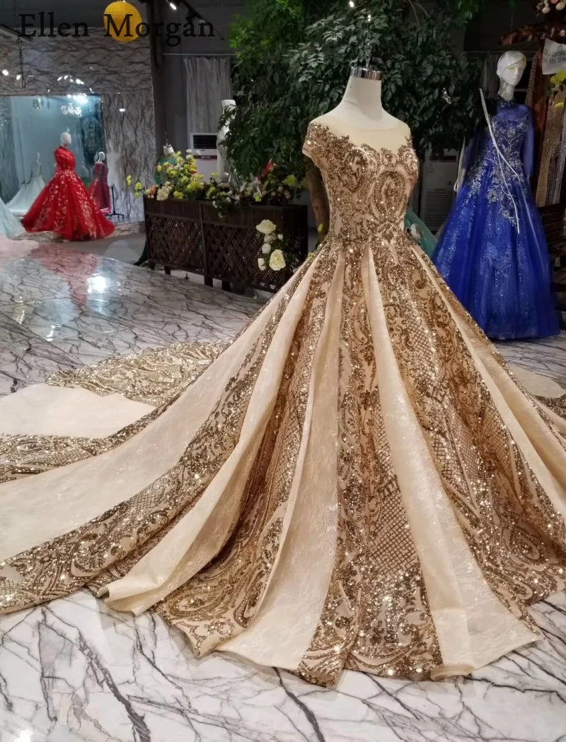 Золотое кружевное бальное платье, свадебные платья, вырез лодочкой, часовня, поезд, настоящие фотографии, блестящие, на заказ, свадебные платья из Саудовской Аравии