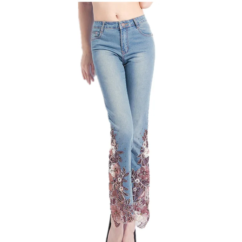 

France Russia Summer Silk Manual Nail Bead Wide Leg Pants Oversize Ankle-Length  Trousers Embroidered Jeans Female Embroidery