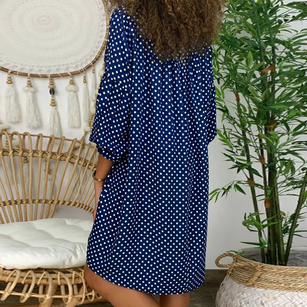 Women Size Loose Polka Dot Long Sleeve V-neck Mini Length Dress plus size dresses for women Dress sukienka robe party dress