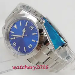 40 мм синий стерильный циферблат полированный ободок стальной корпус светящиеся руки автоматическое движение Мужские часы