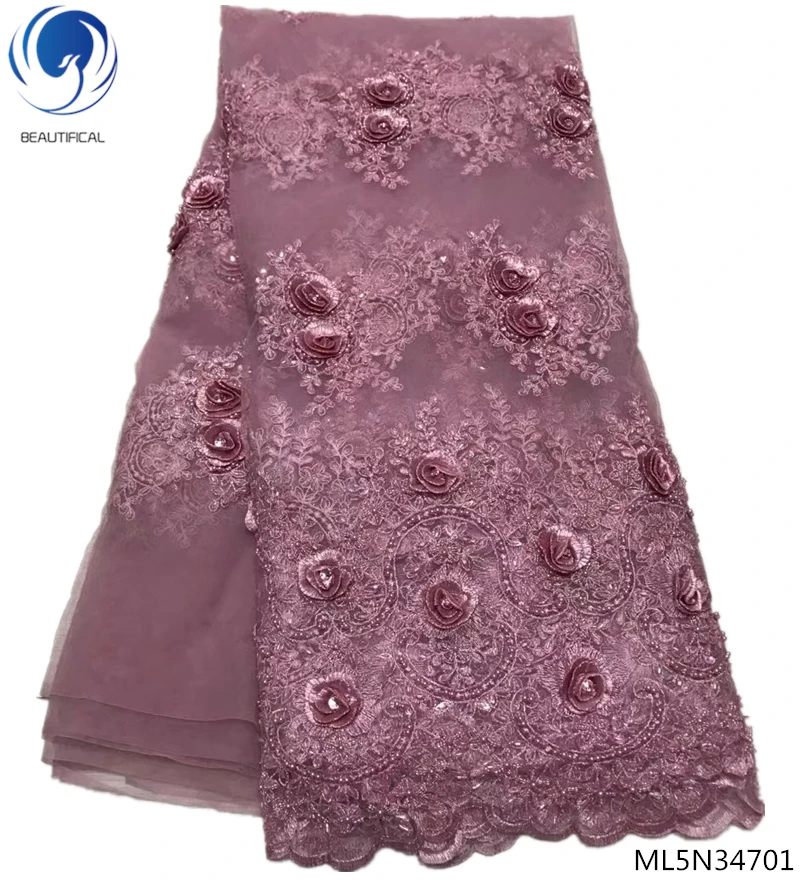 

Beautifical african 3d lace fabrics with stones 2019 French tulle fabrics dresses with beads for women dress 5yards/lot ML5N347