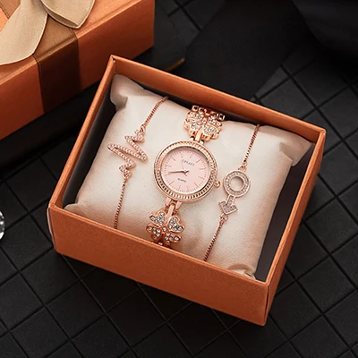 Модные женские наручные часы цветок часы браслет ювелирные изделия кулон сплав розовое золото/серебро Цвет Браслет Набор для друзей - Цвет: box set as photo