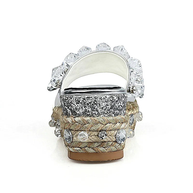 Genuino Plata Producto Cuña Mano Cuero Puros A Superior Mujeres Hechos Lujo Del Diamante Zapatillas De Zapatos Sandalias zqAwfza