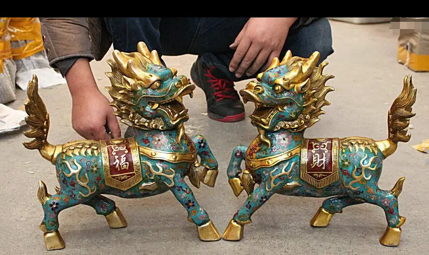 

88007006<<<14" Chinese Cloisonne Enamel Bronze Gilt Dragon Kylin Unicorn Beast Statue Pair