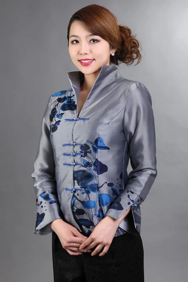 Free Shipping Wholesale Retail Gray New Chinese Women&#39;s Silk Satin Jacket Spring Flowers Coat ...