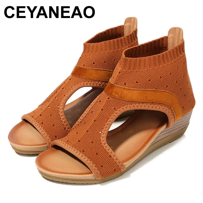 

CEYANEAO Women Rome Sandals2019Summer Platform ShoeWoman Slip On Wedges SoftBottom Gladiator Style Female Casual Kitted Footwear