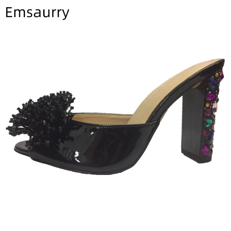 

Colorful Diamond Heel Peep Toe Slippers Women Sexy Peep Toe Shiny Black Patent Leather String Bead Rhinestone 2019 Shoes Woman