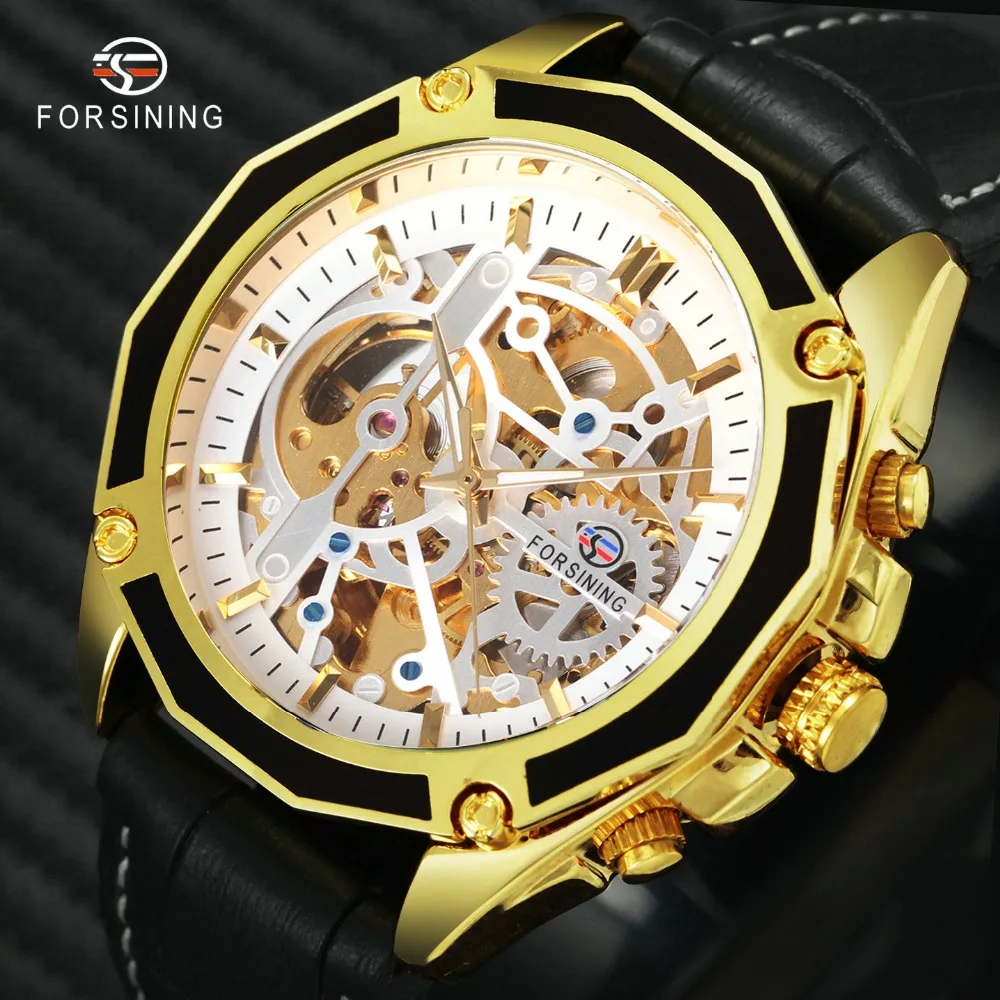 

FORSINING 2019 New Arrival Auto Mechanical Watch Men 3D Bolt Skeleton Dial Genuine Leather Strap Mens Watches Top Brand Luxury