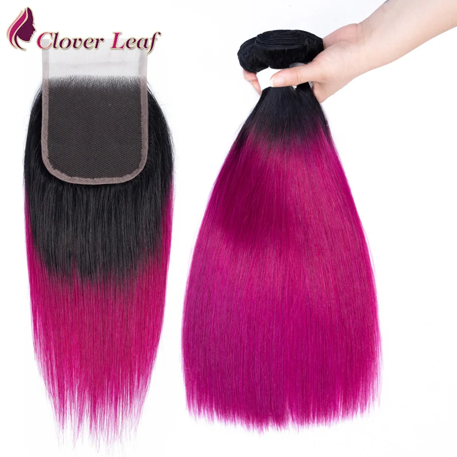 

Clover Leaf Ombre Bundles With Closure Black Red Hair Straight Malaysian Human Hair 3 Bundles With 4*4 Lace Closure Rose Red