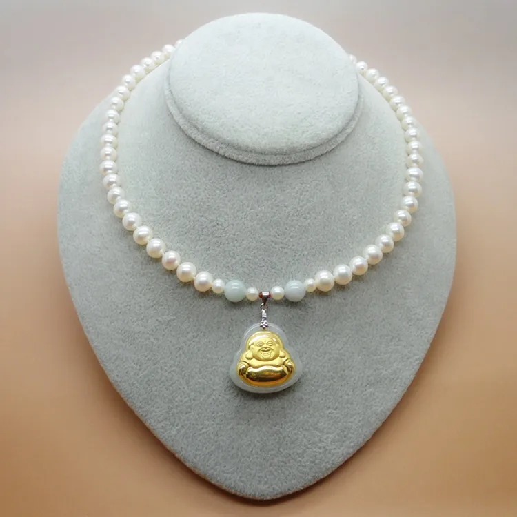 

Eternal wedding Women Gift word 925 Sterling silver real The new 7-8mm near circular natural pearl gem Buddha Pendant necklace