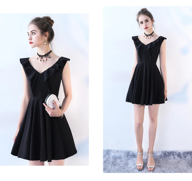 

Young ladies classical Black Prom Dresses lovely Vestido de Festa V-neck formal Dress short evening dresses Gift necklace