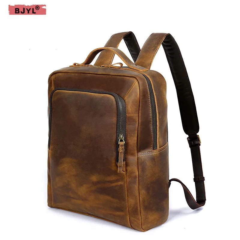 

BJYL New Men's shoulders foreskin backpack Genuine leather Retro shoulder computer bag Laptop Brown crazy horse leather men bags