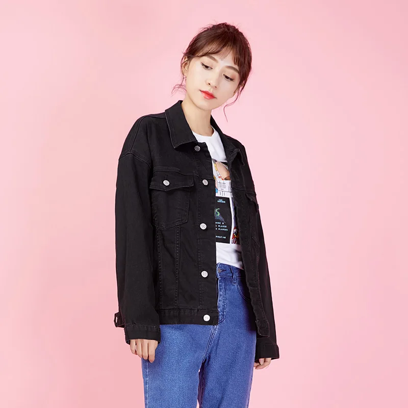 

2019 Plus Size Women Denim Jacket Spring Black Color Turn-down Collar Single Breasted Women's Long Sleeve Coats 4XL 5XL 6XL