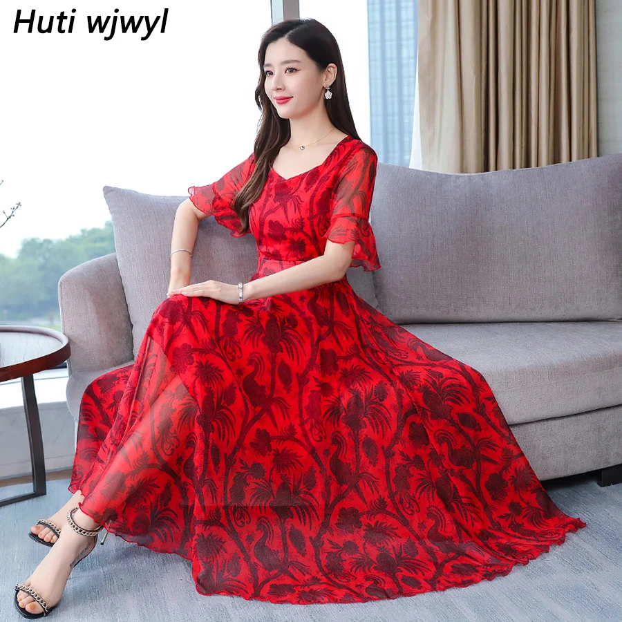 

2019 Elegant Women Red Chiffon Boho Maxi Dresses Summer Vintage 3XL Plus Size Print Beach Midi Sundress Bodycon Party Vestidos