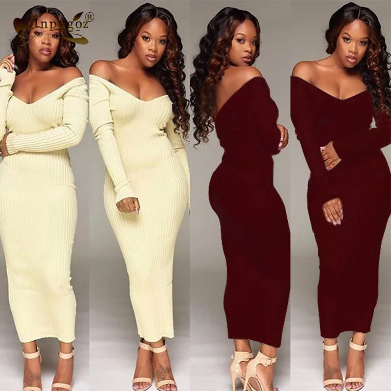 

New Autumn Casual Long Dress Sexy Deep V Long Sleeve Women Rib Knitted Maxi Dress