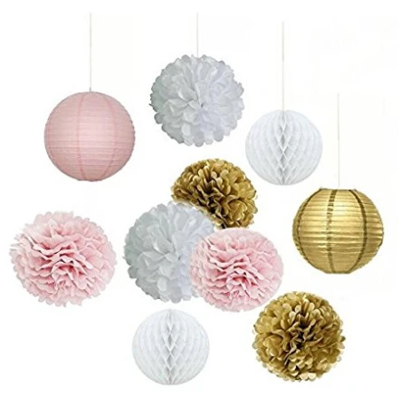

Set of 10pcs White Pink Gold Party Decoration Tissue Paper Pom Pom Honeycomb Ball and Paper Lantern Birthday Wedding Decoration