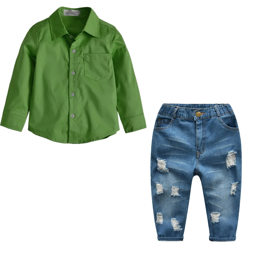 

Spring Boy Clothing Shirt Green Top Denim Ripped Trousers Autumn Winter Cotton Children Boys Clothes Set Long Sleeve 8 Years