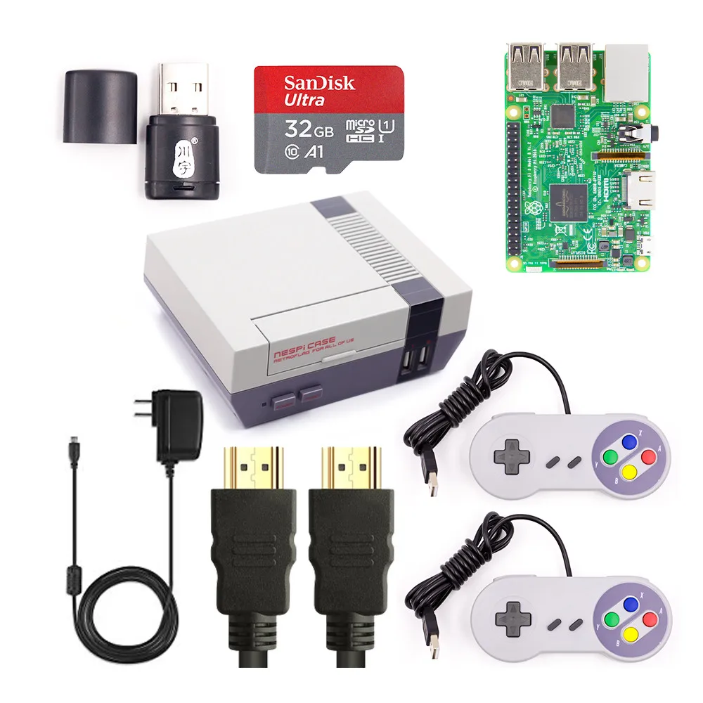 Raspberry Pi 3 DIY Полный комплект Wifi & Bluetoothal Model B + блок питания чехол с ретрофлагом NESPi sd