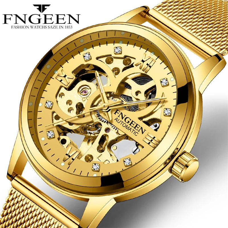 

2019 New Automatic Mechanical Men Watches Business Luxury Gift Watch Gold Stainless Steel Mesh Waterproof Male Wristwatch Clock