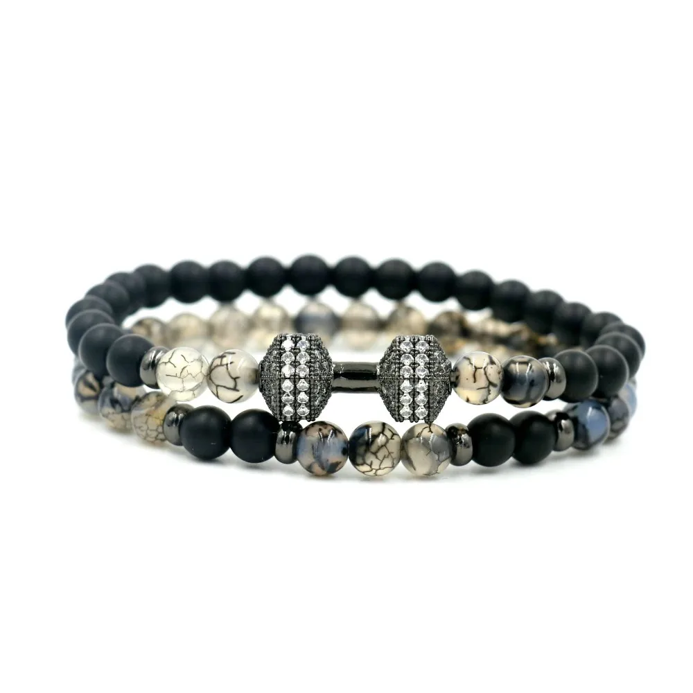 

2Pcs/Set Stone Beaded Strand Dumbbell Barbell Bracelet For Men Women Fitness Fit Prayer Bracelets Jewelry