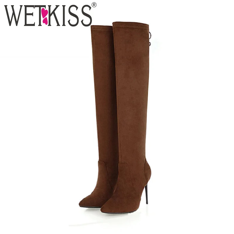 

WETKISS Sexy Stiletto Heels Women Boots Round Toe Flock Footwear Winter Over The Knee Fur Female Boot Zip Shoes Women 2018 New