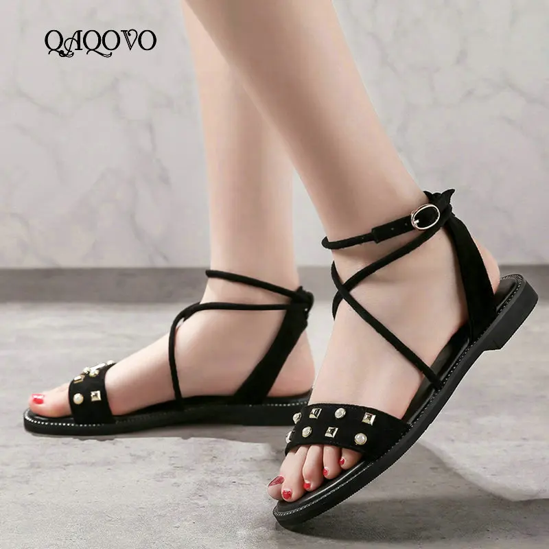 

Lace Up Gladiator Sandals Rivet Women Shoes Flock Comfortable Flat Casual Ladies Shoes Black Apricot
