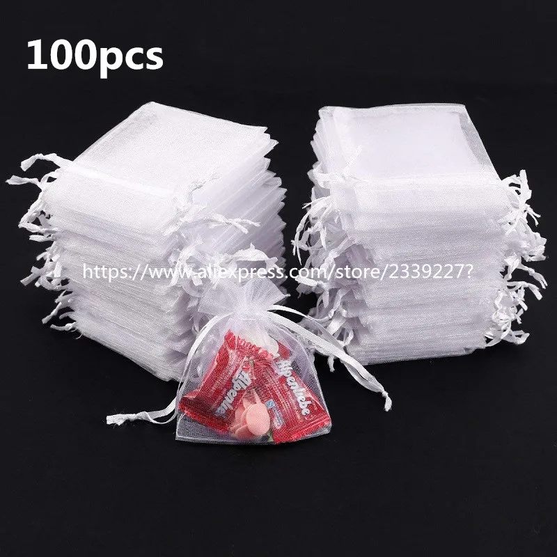 

White 100pcs Organza Bag Jewelry Packaging Bags7x9 9x12 10x15 11x16 13x18 15x20 17x23 CM Drawable Bags Gift Pouches Candy Bag5Z