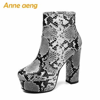 

2019 New Winter Women Ankle Boots High Square Heel Round Toe Zipper Leopard Sexy Ladies Women Platform Shoes Black Warm Boots