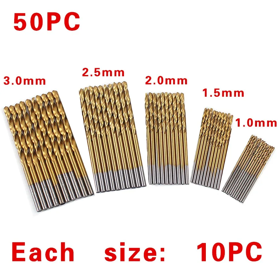 50pcs/set Titanium Coated Drill Bits HSS High Speed Steel Drill Bits