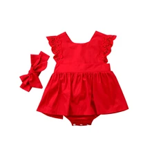 Модная стильная одежда для новорожденных девочек Красное Кружевное платье принцессы с повязкой на голову, детское платье, наряд