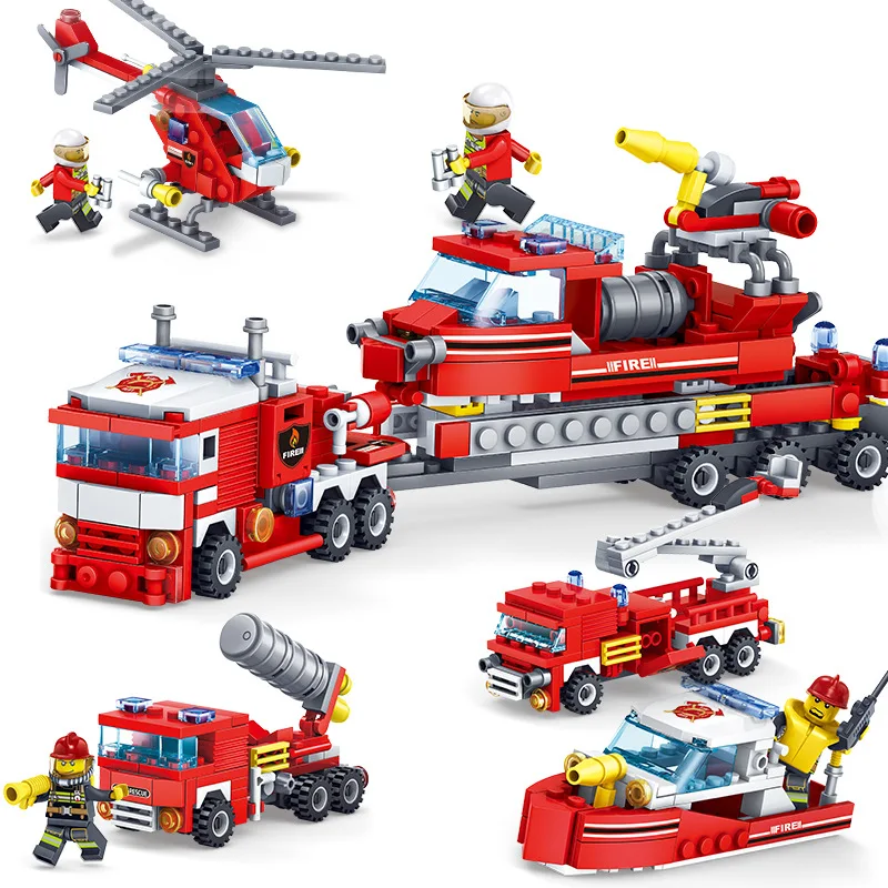 80512 4in1 Fire Fighting Trucks Car Helicopter Mode Figures Building Blocks Compatible legoed city Toys for Children Kids Gift