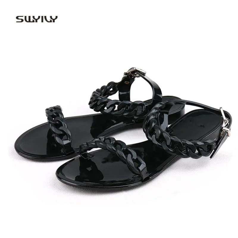 SWYIVY women sandals plastic 2018 female jelly shoes chain candy color lady flat holiday beach sandals shoes flat comfortable 40