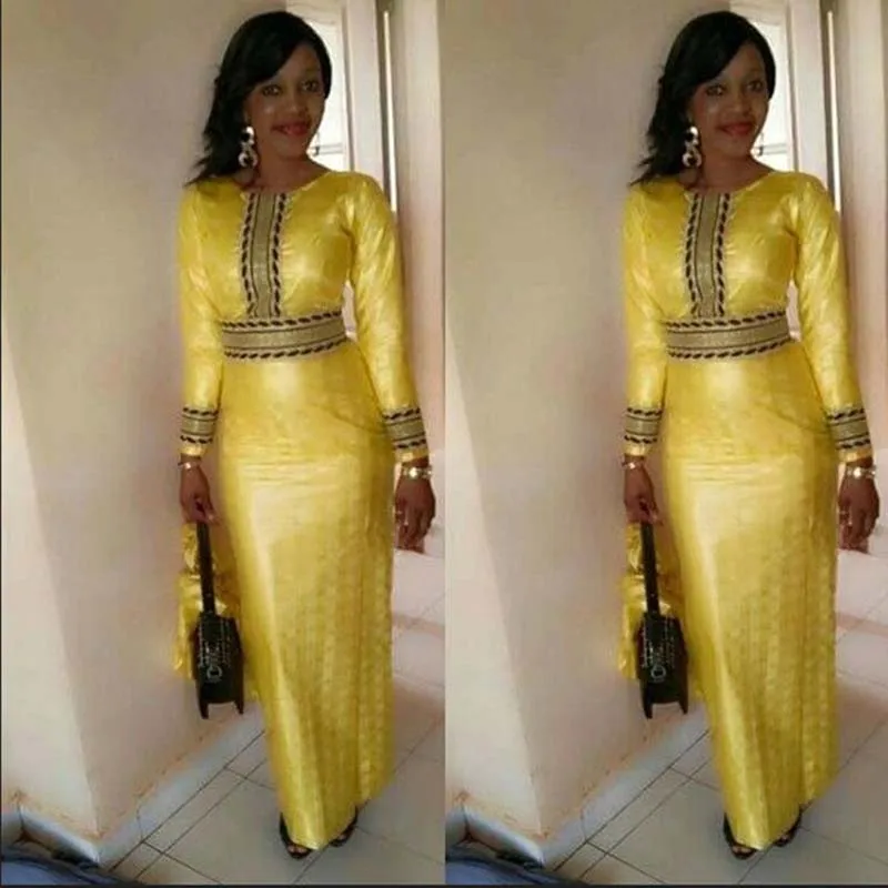 

African Clothing Women Fashion Round Neck Long Sleeve Long Dress High Waist Dress Slim Robe Yellow Tradition Hot Sales