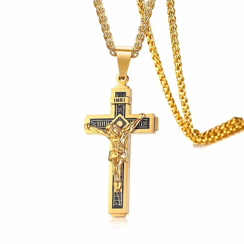 Два тона Иисуса Христа на распятие INRI нержавеющая сталь крест кулон ожерелье для мужчин католические украшения с 24 дюймов - Окраска металла: pendant necklaceb