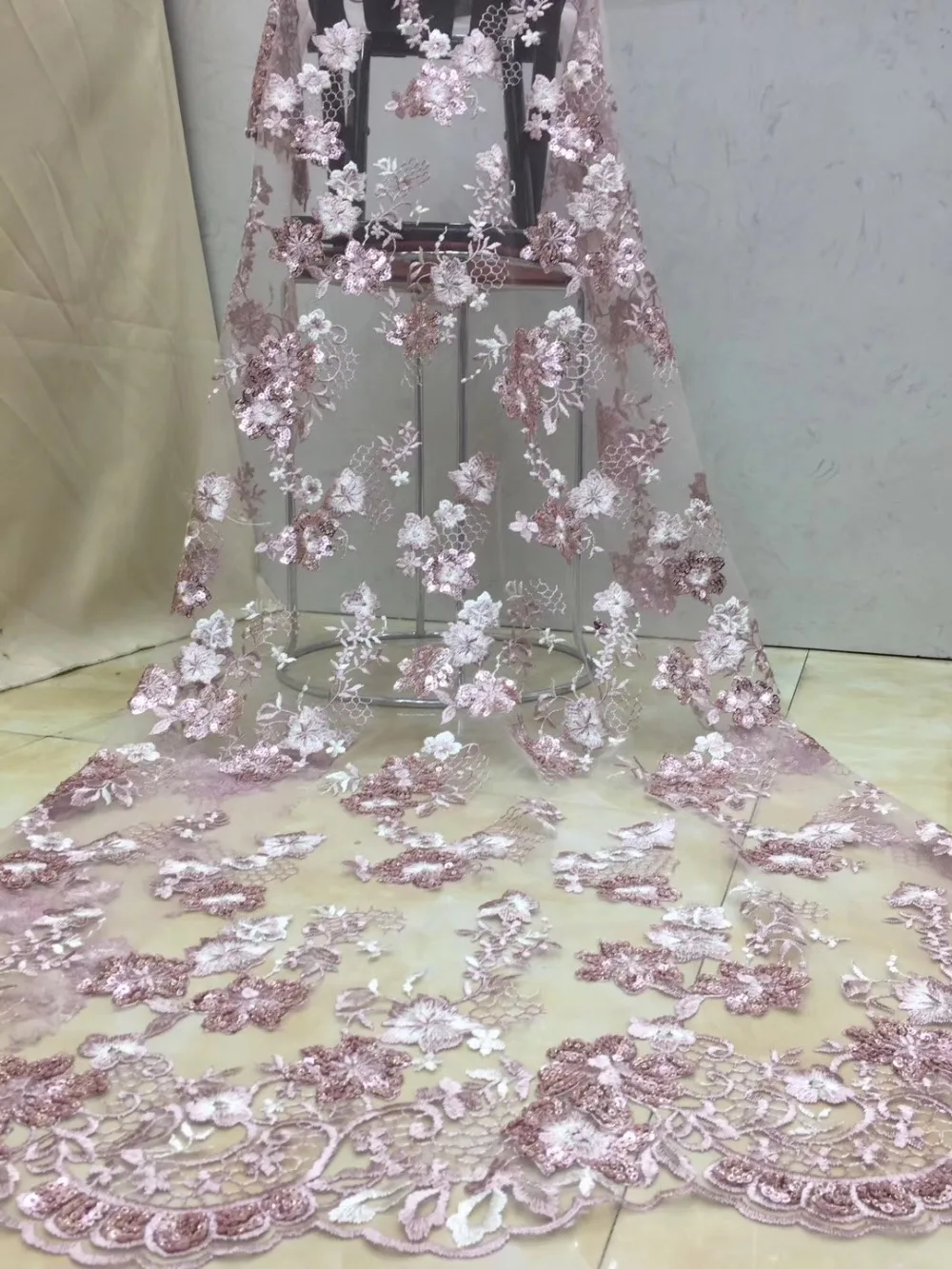 

New style French lace fabric with beautiful and generous sequins embroidery chiffon lace for wedding dress sewing materials