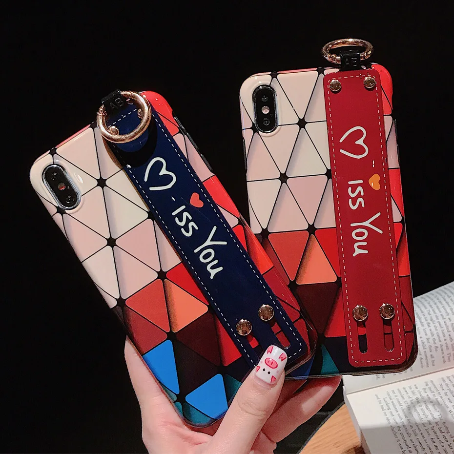 

Miss you Case for iPhone XS Max X XR Luxury Colorful Wrist Strap Phone Stand Phone Cover for iPhone 6 6S 7 8 Plus Silicone Case