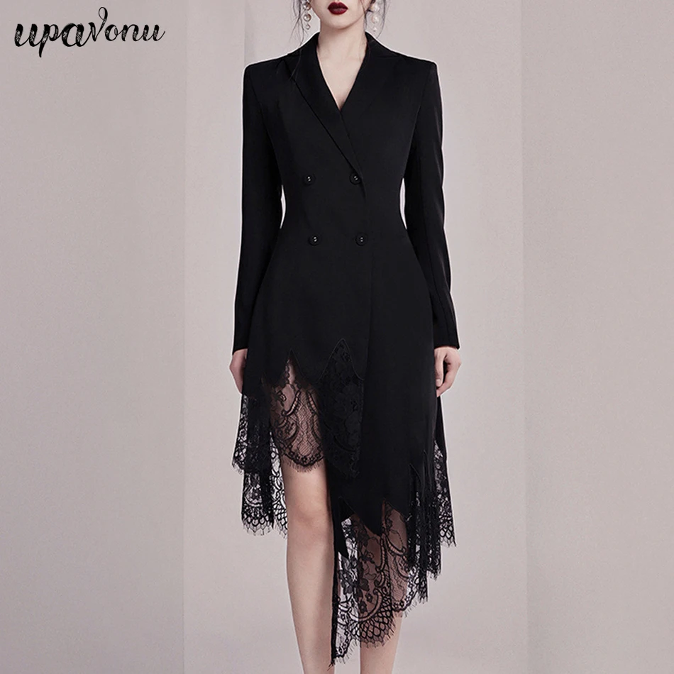 

2019 Autumn New Black Double Breasted Suit Dress Bodycon Long Sleeve Deep V Lace Hem Asymmetrical Tassel Sexy Dress Vestidos