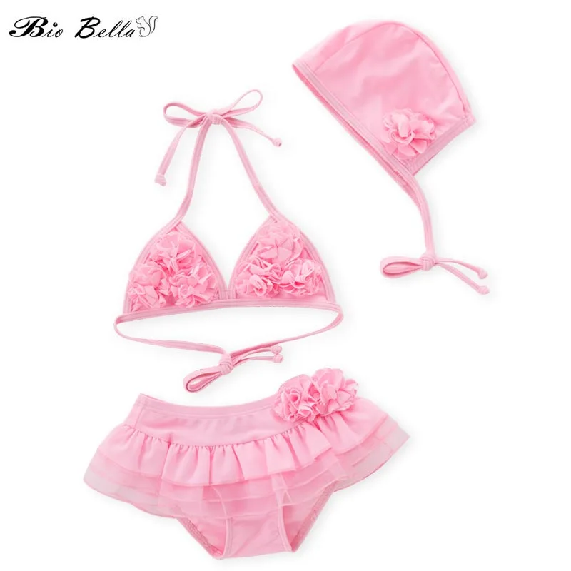 Детский купальник-бикини для девочек, модный розовый купальник для девочек, топы+ штаны+ шапочка, комплект бикини из 3 предметов для 3-7 лет, купальная одежда - Цвет: Розовый