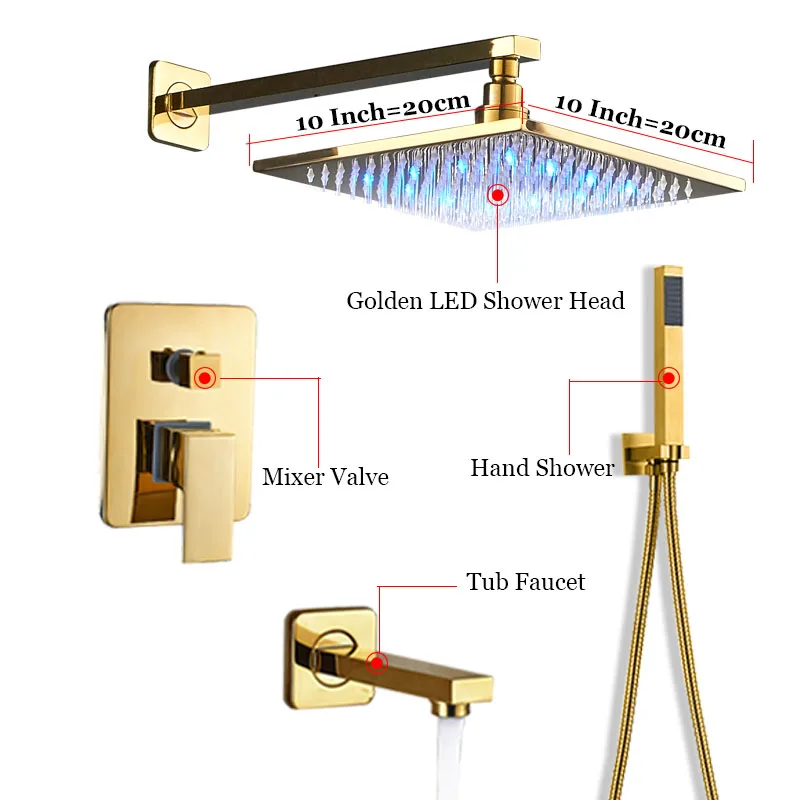 ULGKSD Золотой душевой набор три функции светодиодный душевая головка настенное крепление ручной душ Para ванная душевая кран горячая холодная смеситель