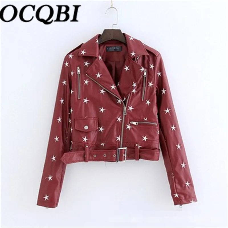 

2018 Red Star Embroidery Jacket PU Leather Motorcycle Coat Short Slim Spring Coat Korean New Style Fashion Spring Women Coat