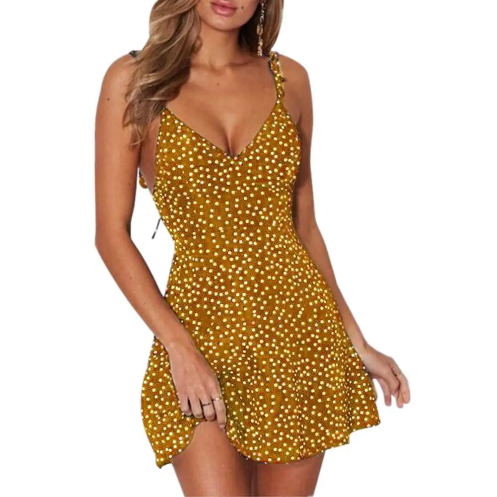 MISSKY, женское летнее платье, без рукавов, v-образный вырез, а-силуэт, сексуальная высокая талия, в горошек, с принтом, сзади, на шнуровке, платье, женская одежда - Цвет: yellow