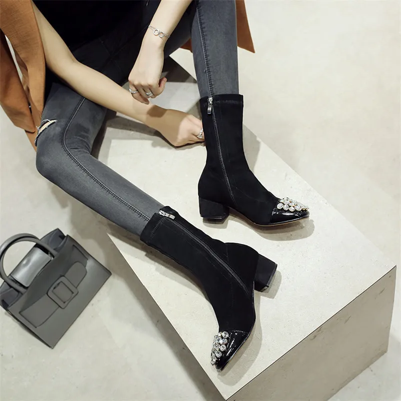 

Spring Autumn Women Mid-calf Boots Sexy Rhinestone Wedding Party Dancing Shoes Woman Genuine Kid Suede Leather Stretchable Boots