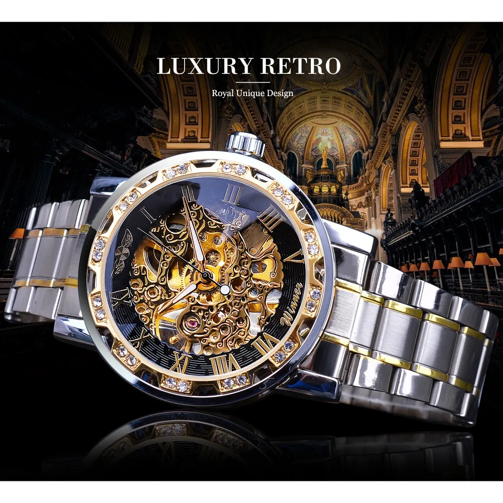 Winner Transparent Fashion Diamond Luminous Gear Movement Royal Design Men Top Brand Luxury Male Mechanical Skeleton Wrist Watch 2