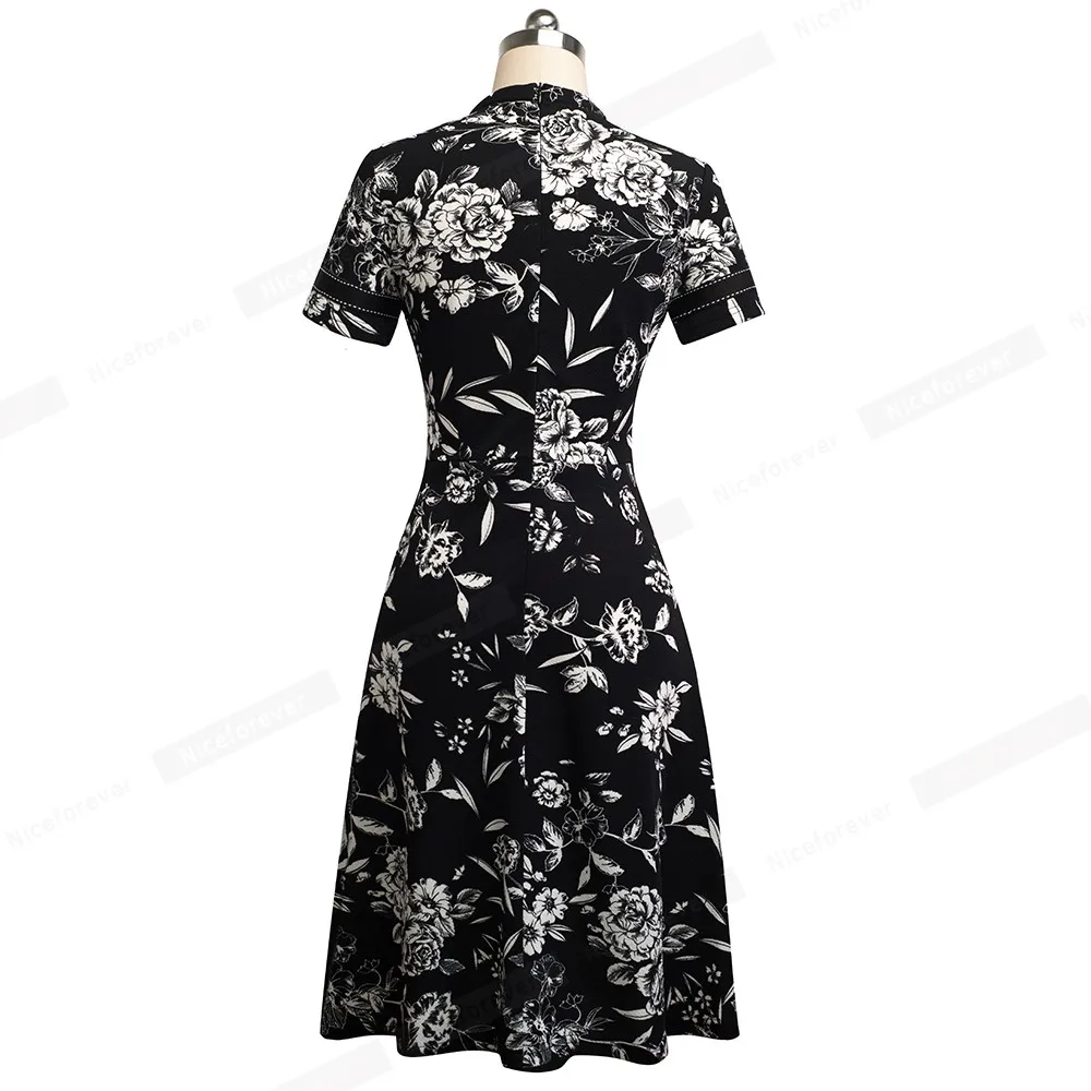 Nice-forever Vintage Elegant Patchwork Round neck Pinup Female vestidos Business Party Flare A-Line Retro Women Dress A135