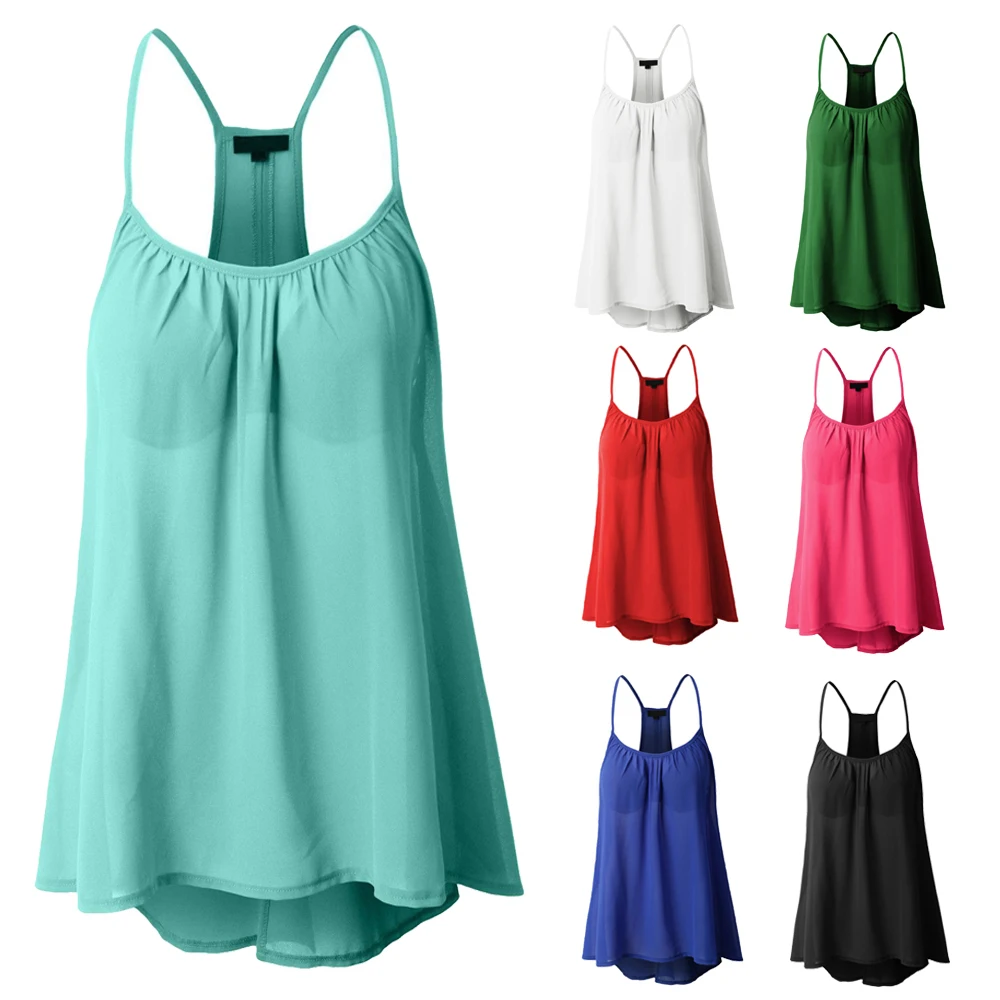 

FT1164 Women's Cheap Solid Chiffon Camis Tops Fashion Strap Sleeveless Ruched Street Casual Tees Shirt More Colors 2 pieces/Lot